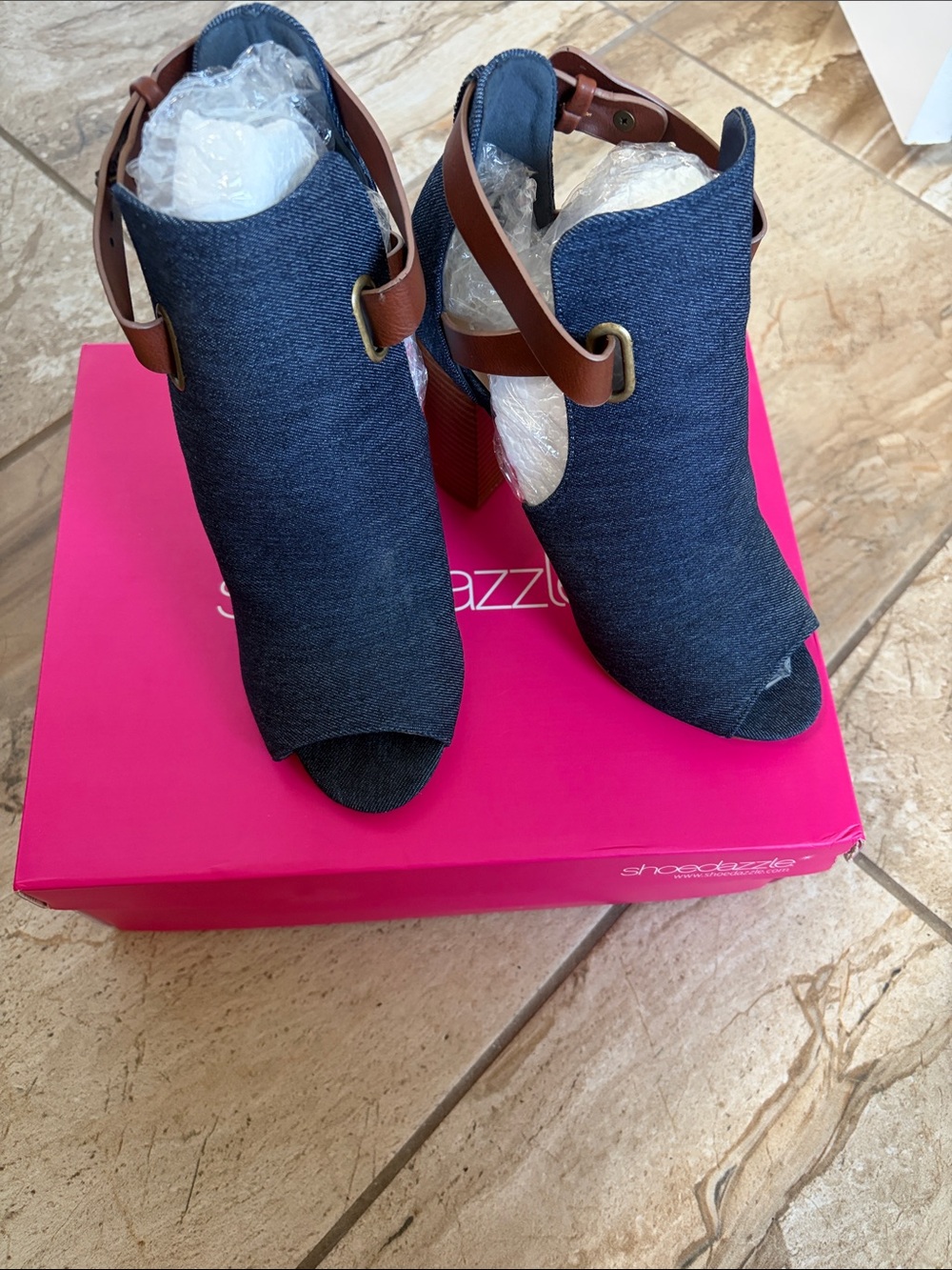 Shoe Dazzle Denim Peep-Toe Block Heel Booties with Brown Strap